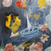 acrylic modern  semi-abstract nature water ,autumn boat